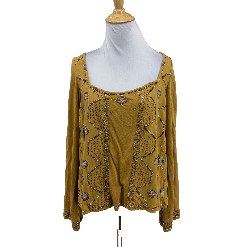 Free People Top Womens S Small Mustard Beaded Embroidered Square Neck Bohemian